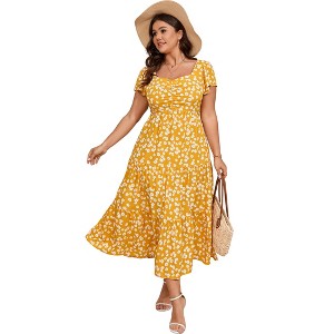 YESFASHION Women Plus Size Maxi Dress Floral Ruffle Summer Dress Short Sleeve Long Dress High Waist Sweethearte Neck Casual Dress - 1 of 4