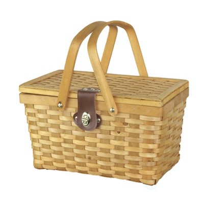 Vintiquewise Gingham Lined Woodchip Picnic Basket With Lid and Movable Handles