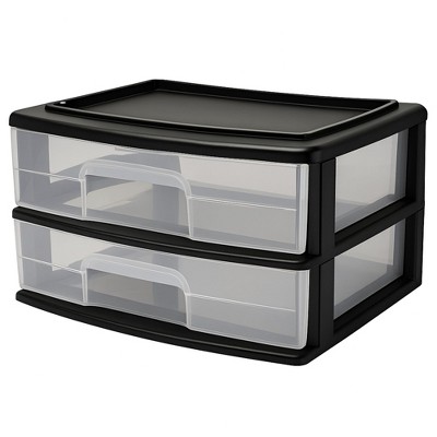 Homz 2 Pack Storage Cart, Wide Body 2 Drawer Plastic Rolling Container for Home and Office Organization, Black Frame with Clear Drawers