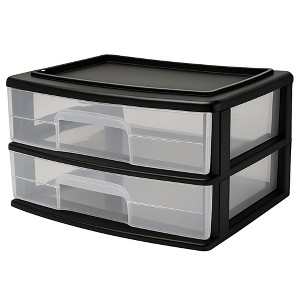 Homz 2 Pack Storage Cart, Wide Body 2 Drawer Plastic Rolling Container for Home and Office Organization, Black Frame with Clear Drawers - 1 of 4