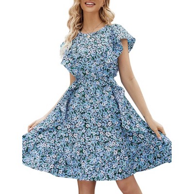 Womens Summer Dress Ruffle Cap Sleeve Sundress with Round Neck Midi Dress with Gathered Hem Empire Waist Flutter Dress,Multicolor Floral 1 - 2XL