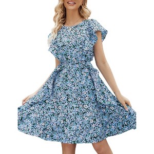 Womens Summer Dress Ruffle Cap Sleeve Sundress with Round Neck Midi Dress with Gathered Hem Empire Waist Flutter Dress,Multicolor Floral 1 - 2XL - 1 of 4