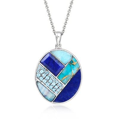 Ross-Simons Tonal Blue Multi-Gemstone Inlay Pendant Necklace With 3.70 Carat Sapphire and .80 ct. t.w. Swiss Blue Topaz in Sterling Silver Size 18