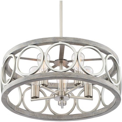 Brushed Nickel and Gray Wood Drum Pendant Chandelier