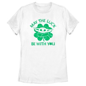 Women's Star Wars: The Mandalorian St. Patrick's Day Grogu May the Luck be with You Retro T-Shirt - 1 of 4