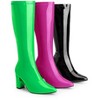 Perphy Women's Patent Leather Chunky Heels Knee High Sock Boots - 2 of 4
