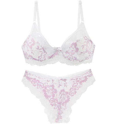Agnes Orinda Women's Underwire Floral Lace Mesh Push-Up 2-Hook Lace Trim  Bra and Panty Set White Pink 40B-L