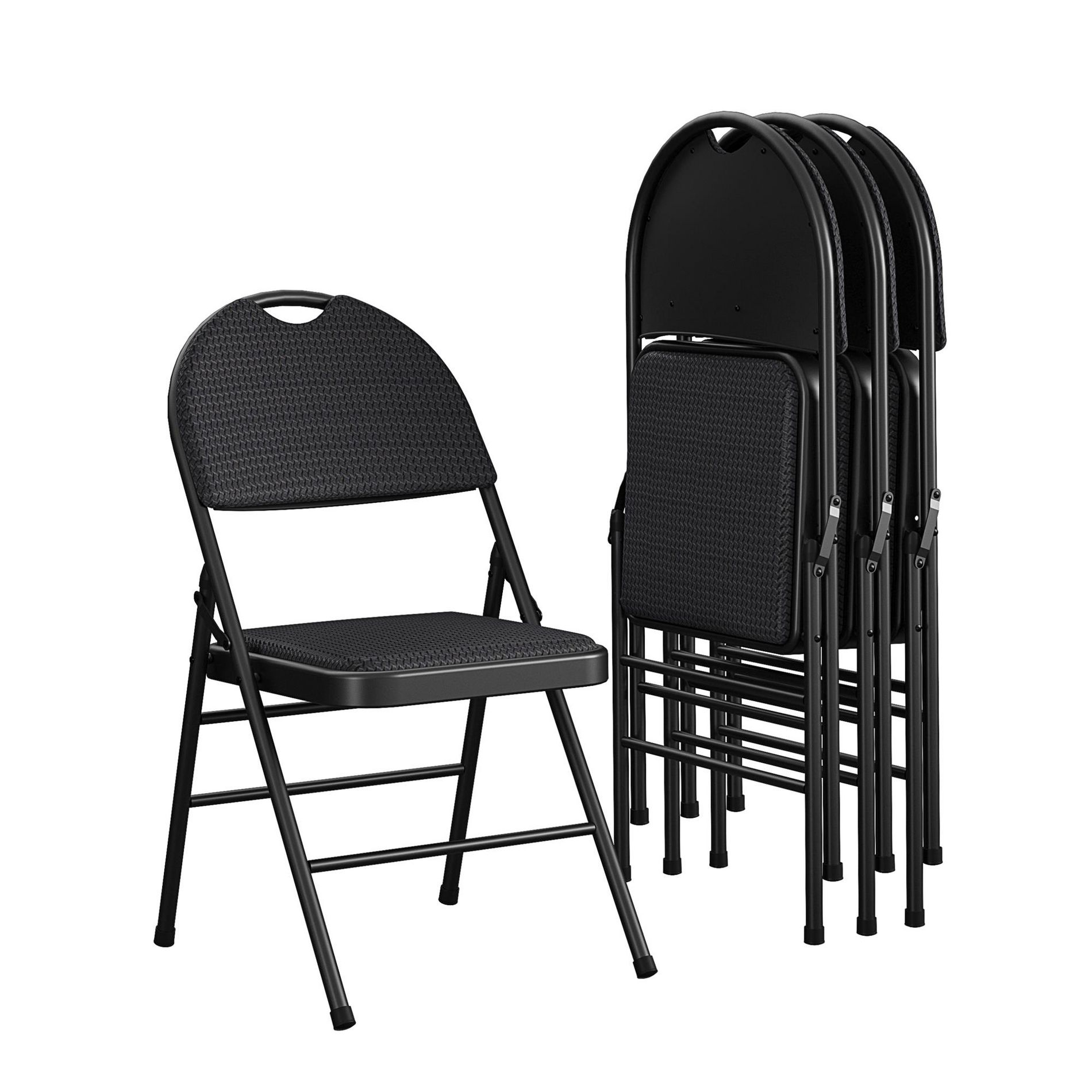 COSCO Commerical Triple-Braced Metal Folding Chairs with Fabric Seating, 4-Pack, Black