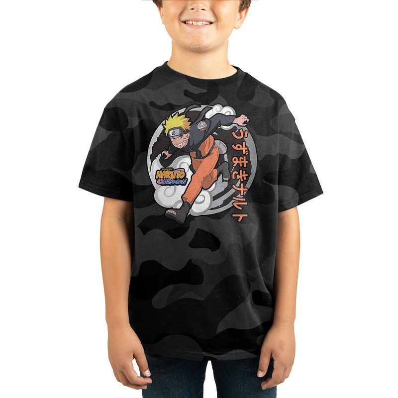 Naruto Shippuden Anime Black Camo Shirt Print Youth Boys Graphic T-Shirt, 1 of 2