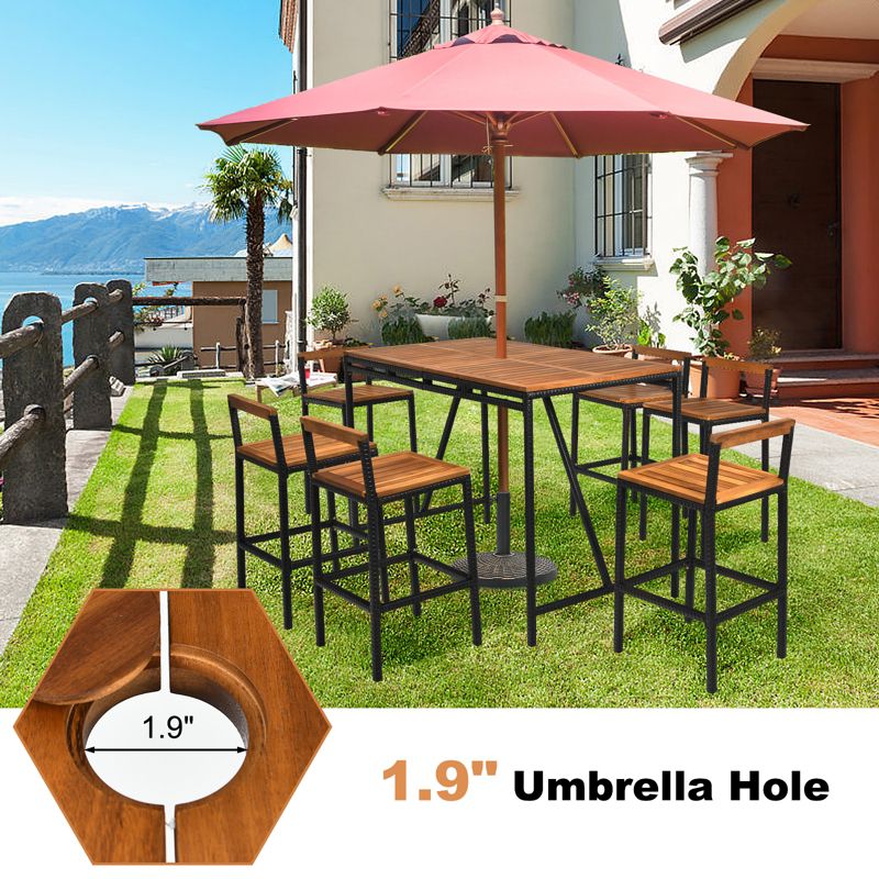 Tangkula 7PCS Patio Rattan Bar Set with Umbrella Hole Wood High-Dining Bistro Set with 6 Bar Stools for Poolside&Garden, 5 of 9
