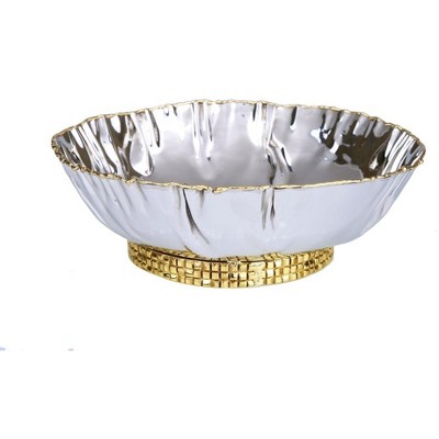 Classic Touch Stainless Steel Crumpled Bowl with Mosaic Base