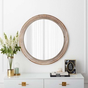 Wooakway 24"H White Rustic Wood Round Beaded Wall Mirror Farmhouse Decor for Living Room Bedroom Entryway - 1 of 4