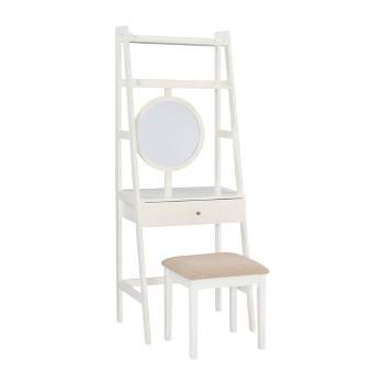 Alaina Wood Leaning Ladder Round Mirror 1 Drawer 2 Shelf Vanity and Upholstered Stool White - Linon