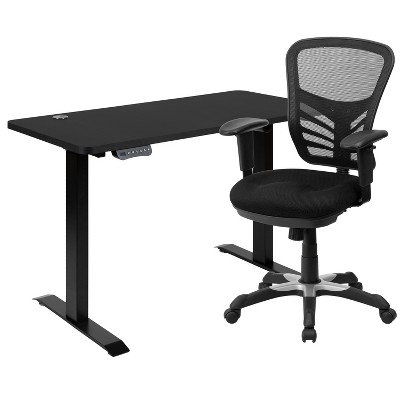 Flash Furniture 48" Wide Black Electric Height Adjustable Standing Desk with Black Mesh Multifunction Executive Swivel Ergonomic Office Chair