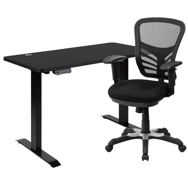 Flash Furniture 48" Wide Black Electric Height Adjustable Standing Desk with Black Mesh Multifunction Executive Swivel Ergonomic Office Chair, 1 of 15