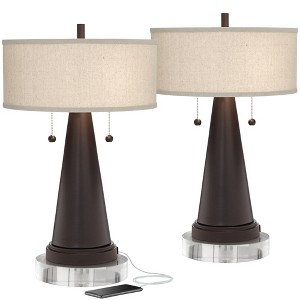 Franklin Iron Works Craig Rustic Farmhouse Table Lamps Set of 2 with Round Risers 24 1/2" High Bronze with USB Charging Port Natural Shade for Desk - 1 of 4