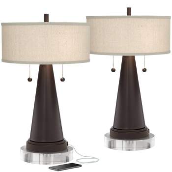 Franklin Iron Works Craig Rustic Farmhouse Table Lamps Set of 2 with Round Risers 24 1/2" High Bronze with USB Charging Port Natural Shade for Desk