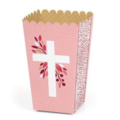 Big Dot of Happiness Pink Elegant Cross - Girl Religious Party Favor Popcorn Treat Boxes - Set of 12