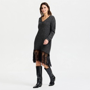 Women's Long Sleeve Lace Hem Midi Sweater Dress - A New Day™ Dark Heather Gray - 1 of 3