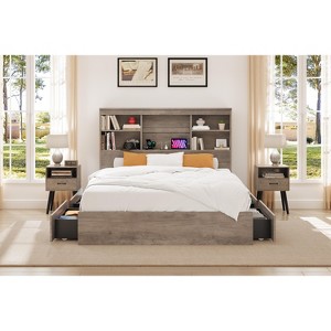 Queen Bed Frame with Bookcase Headboard and 4 Storage Drawers, Wooden Platform Bed Frame with Sturdy Metal Support, No Box Spring Required, Grey - 1 of 4