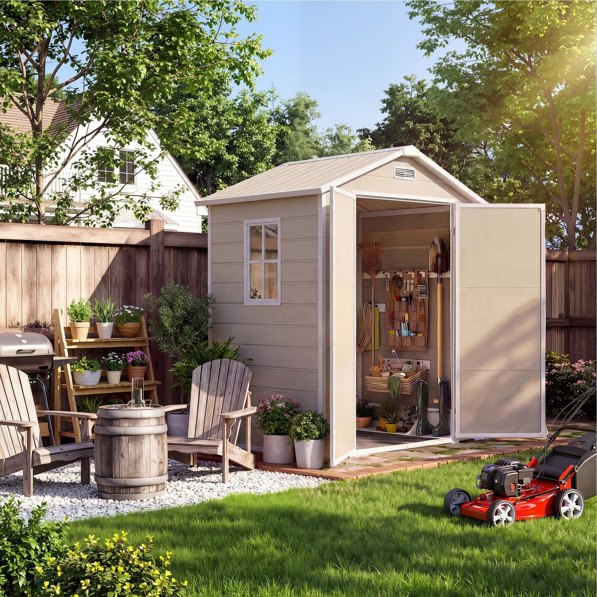 6x4 ft Natural Wood Color Resin Outdoor Storage Shed with Floor, Window, Lockable Door, 2 Vents & Sloped Roof for Patio, Garden & Tool Storage