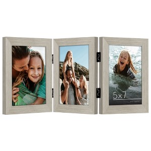 Americanflat Hinged 3 Photo Frame in Driftwood MDF - Desk Photo Frame for 5X7" Photos - Tri Folding Picture Frame For Desk - 1 of 4