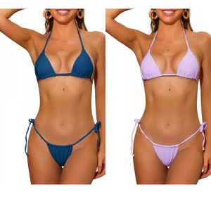 INSPIRE CHIC Women's Halter Tie Side Drawstring Thong Triangle Bottoms Basic Bikini Sets Swimsuits 2 Sets - 1 of 4