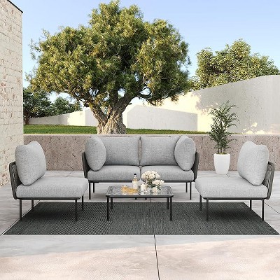 LayinSun 5 Pieces Rope Woven Patio Furniture Set, Modern Modular Sectional Sofa with Coffee Table and Upgrade Thickness Cushion