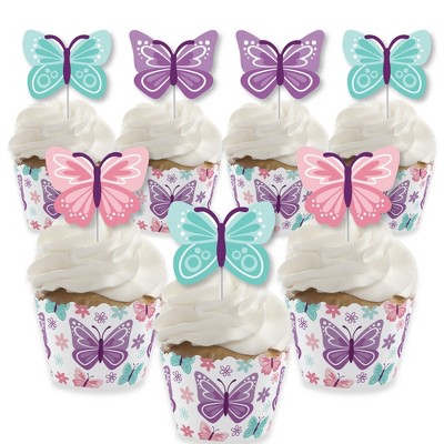 Big Dot of Happiness Beautiful Butterfly - Cupcake Decoration - Floral Baby Shower or Birthday Party Cupcake Wrappers and Treat Picks Kit - Set of 24