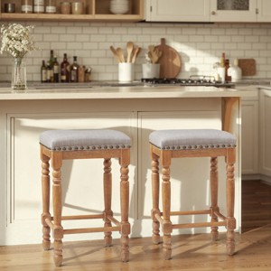 Subrtex 26.6"Counter & Bar Solid Wood Backless Stool, Linen Upholstered with Nailhead Trim, Rustic Solid Wood Frame for Kitchen & Home Bar (Set of 2) - 1 of 4