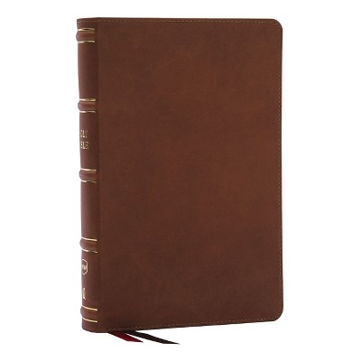 Nkjv, Single-Column Reference Bible, Verse-By-Verse, Brown Genuine Leather, Red Letter, Comfort Print - by  Thomas Nelson (Leather Bound)