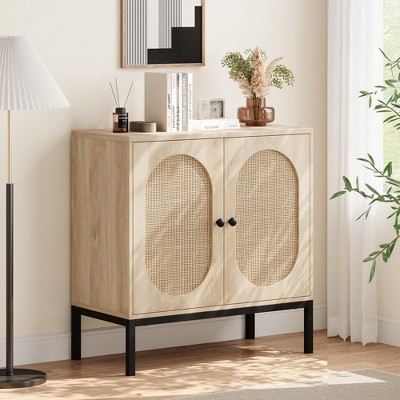 Homhougo Buffet Cabinet, Rattan Storage Cabinet with Doors and Shelves Ivory