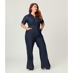 Unique Vintage Women's Plus Denim Belted Jumpsuit - 1 of 4