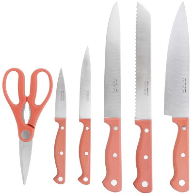 Keswick 7 Piece Stainless Steel Knife Set with Coral Handles and Wood Block