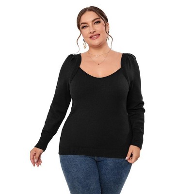 Womens Plus Size Knit Tops Long Sleeve Sweetheart Neck Sweaters Casual Tunic Tops