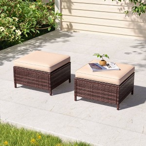 Sonkuki 2-Piece Ottomans with Solution-Dyed Fabric Cushion, All-Weather Wicker Ottomans, Ideal for Patio - 1 of 4