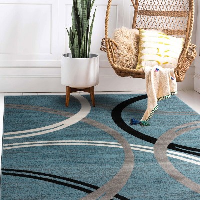 Modern Abstract Waves Blue Polypropylene Area Rug