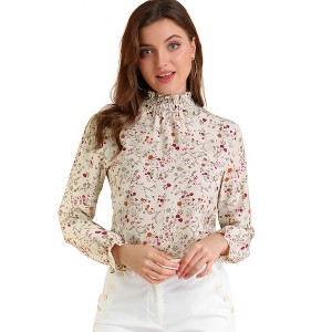 Allegra K Women's Boho Vintage Ruffled Neck Keyhole Back Floral Blouse - 1 of 4