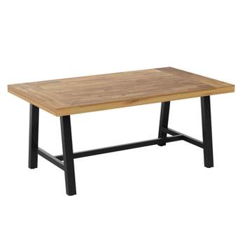 Flash Furniture All Weather Commercial Acacia Wood Top Patio Table with Metal Base-Natural/Black