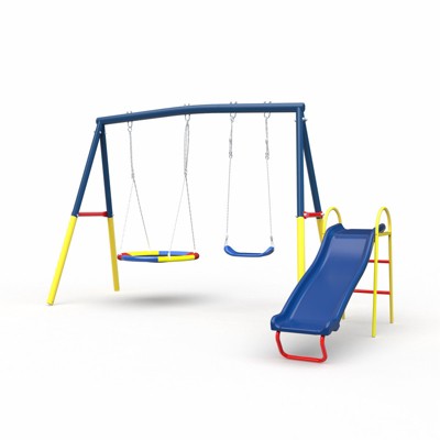 Aukfa 3 in 1 Outdoor Swing Set - 32'' Saucer Swing + Belt Swing + Slide, A-Frame Frame, Easy Install for Backyard/Patio