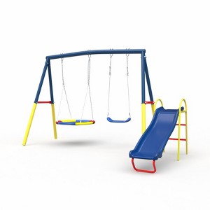 Aukfa 3 in 1 Outdoor Swing Set - 32'' Saucer Swing + Belt Swing + Slide, A-Frame Frame, Easy Install for Backyard/Patio - 1 of 4