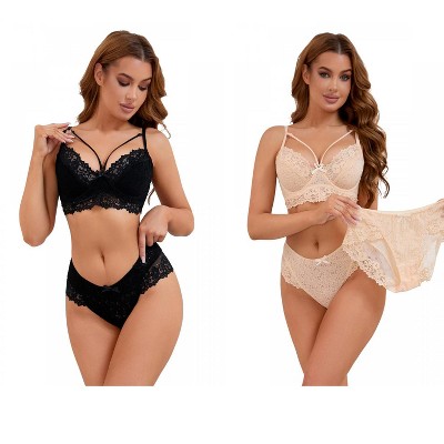 INSPIRE CHIC 2 Sets Women's Cross-Straps Bralette and Panty Mesh Floral Lace Bra and Underwear