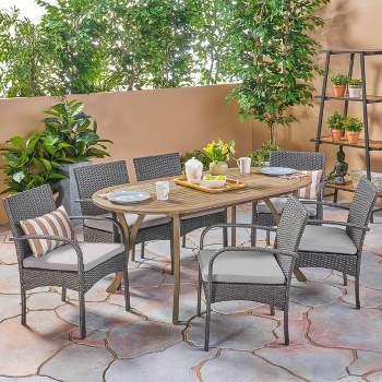 Mason 7pc Acacia Wood & Polyethylene Wicker Dining Set - Gray - Christopher Knight Home, Water-Resistant, Patio Furniture