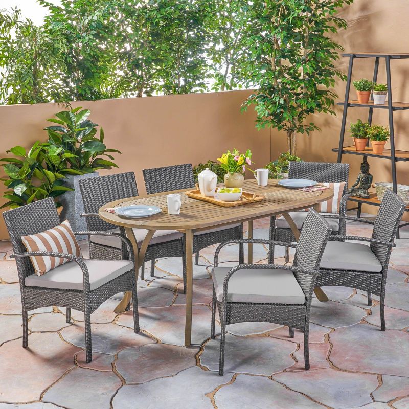 Mason 7pc Acacia Wood & Polyethylene Wicker Dining Set - Gray - Christopher Knight Home, Water-Resistant, Patio Furniture, 1 of 8