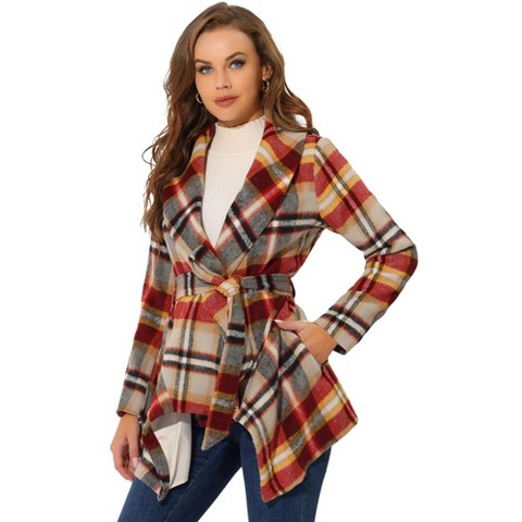 Allegra K Women's Shawl Collar Asymmetric Hem Thin Belted Plaids Wrap Coat X-Small Red Brown