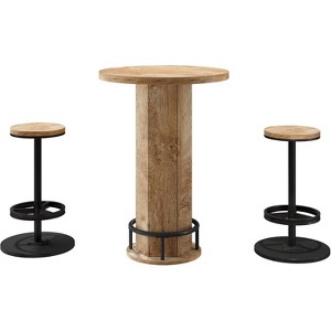 Lantine Round Bar Table with 2 stools, Pub Cocktail Table Bistro Sets with Metal Ring Footrest for Kitchen, Apartment, Small Space - 1 of 4