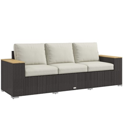 Outsunny Thick Cushioned 3-Seater Outdoor Sofa, Wood Grain Wide Armrests, Patio Couch
