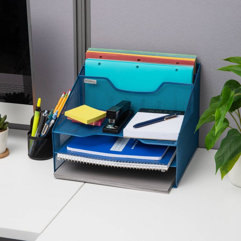 Mind Reader Network Collection Metal Mesh 3-Tier 5 Compartment Desk Organizer Turquoise, 5 of 7
