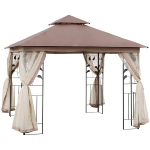 Aghana Digitals 10'x10' Brown Metal Patio Gazebo with Double Roof, Tree Motif Frame & Netting - - 1 of 4