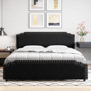Bed Frame, Velvet Upholstered Platform Bed Frame with Rivet Decor Headboard and Strong Wood Slat Support - 1 of 4